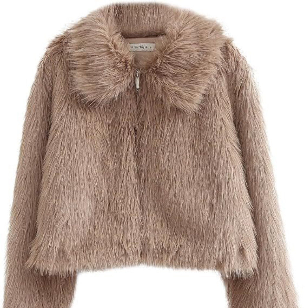 Women's Short Shaggy Faux Fur Blouson with Dense High Pile and Boxy Cropped Fit Fashion Glam