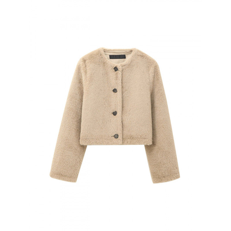 Women's Cropped Teddy Jacket with Straight Hem, Round Neck and Horn Button Closure Fashion Glam