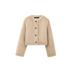 Women's Cropped Teddy Jacket with Straight Hem, Round Neck and Horn Button Closure Fashion Glam