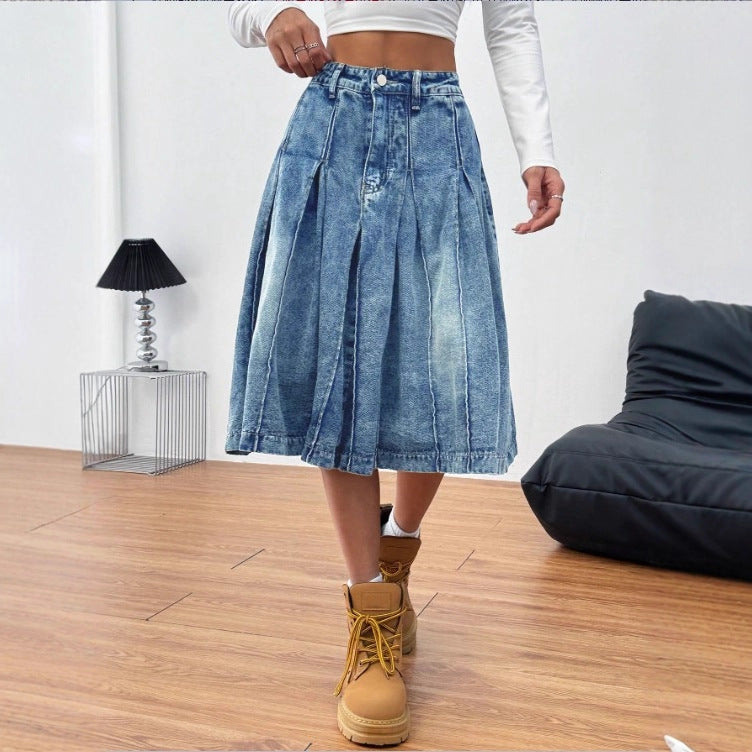 Ladies midi skirt made of denim with vintage wash, pleats and high waist Fashion Glam