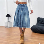 Ladies midi skirt made of denim with vintage wash, pleats and high waist Fashion Glam