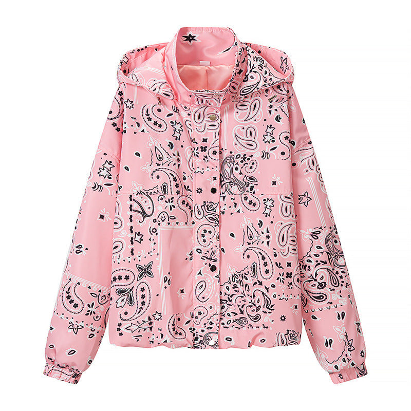 Women's Printed Lightweight Hooded Windbreaker in Bandana/Paisley Pattern Fashion Glam