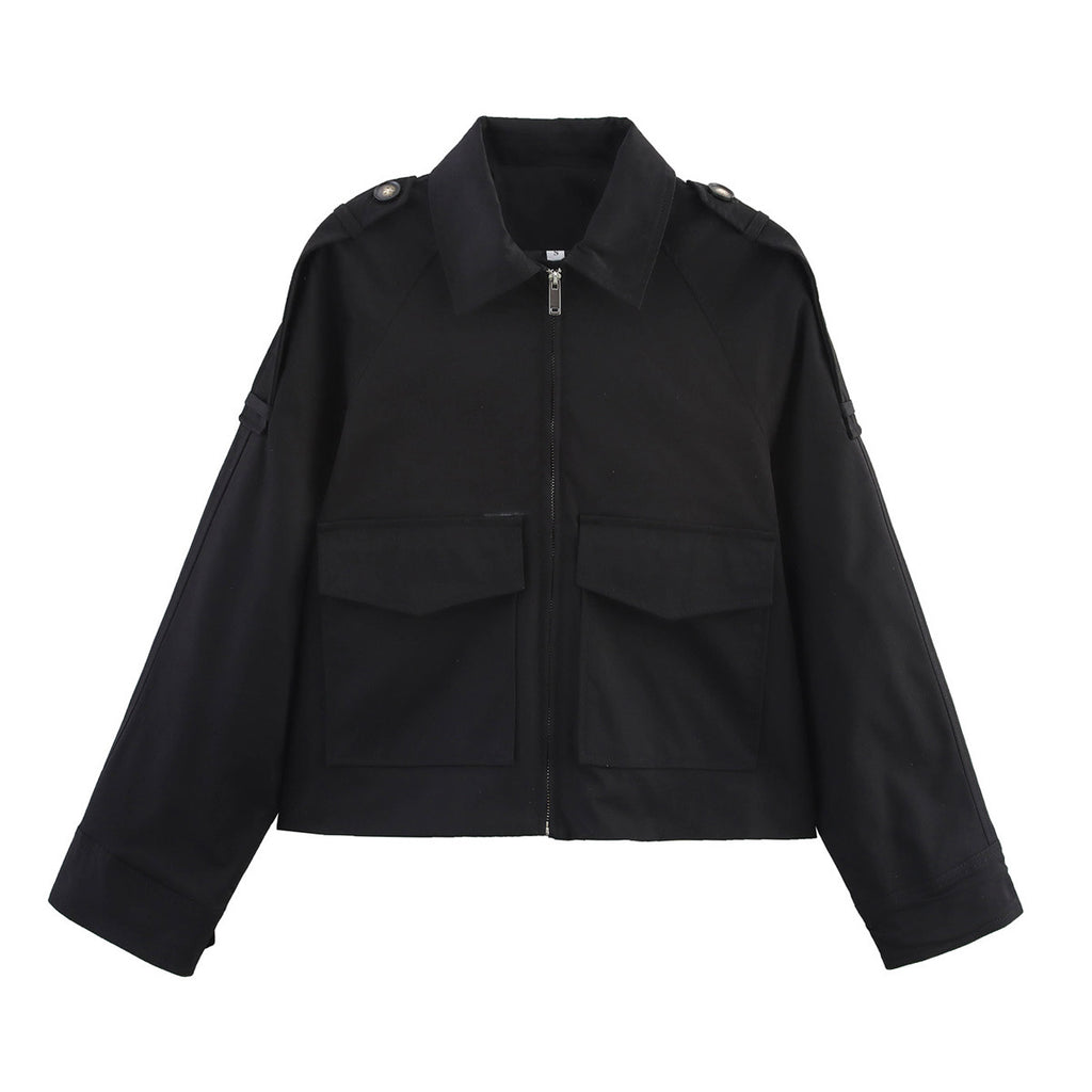 Women's Short Cut Utility Jacket in Military Look with Flap Pockets, Epaulettes and Zipper Fashion Glam