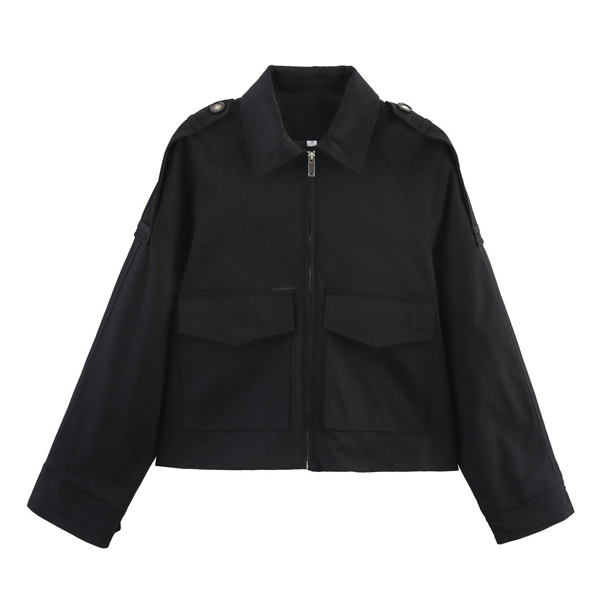 Women's Short Cut Utility Jacket in Military Look with Flap Pockets, Epaulettes and Zipper Fashion Glam