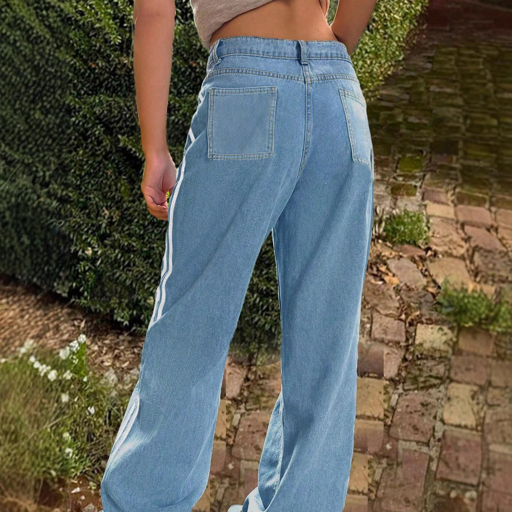 Ladies wide denim jeans with sporty side stripe Fashion Glam