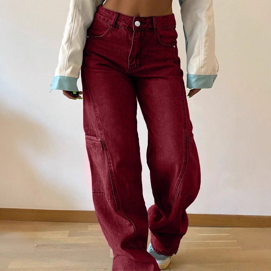 Women's High-Waist Wide Cargo Denim Pants with Seam Panels and Baggy Silhouette Fashion Glam