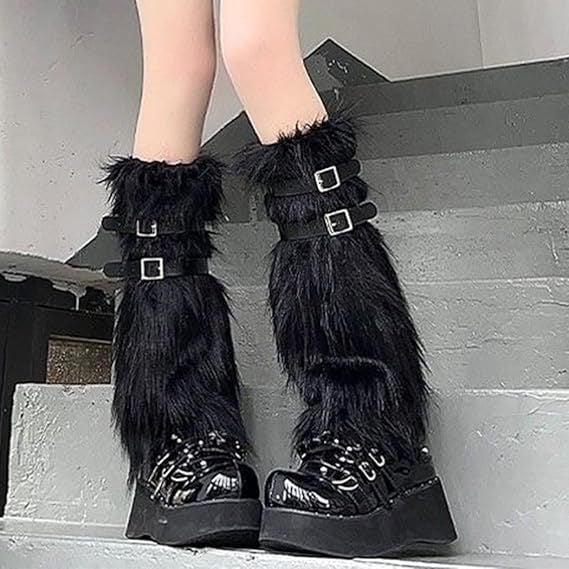 Women's Long Faux Fur Leg Warmers with Adjustable Buckles and Platform Cuffs Fashion Glam