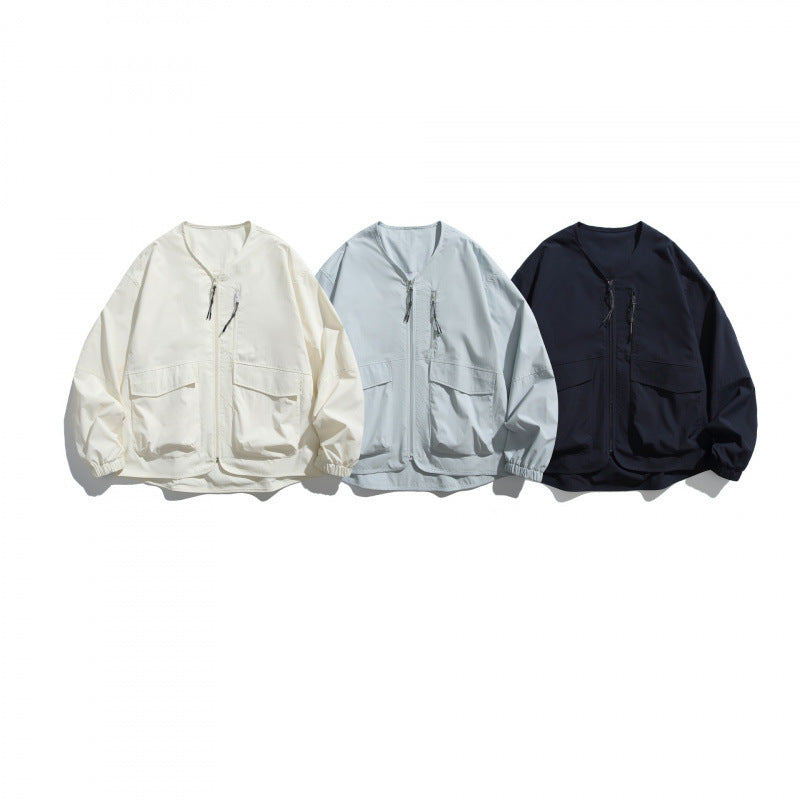 Unisex Lightweight Oversize Utility Jacket without Collar with Front Zipper and Patch Pockets Fashion Glam