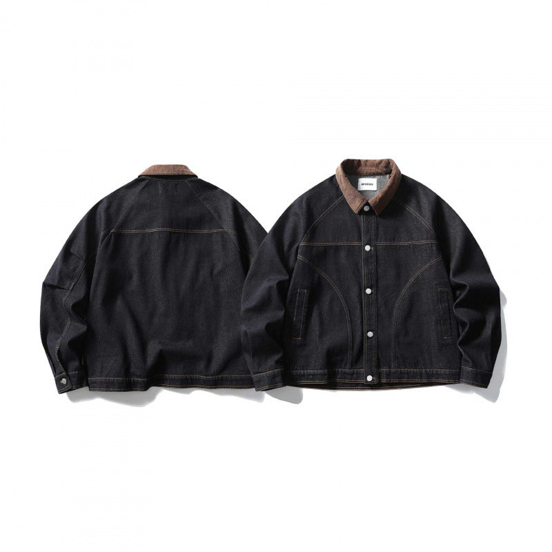 Unisex Boxy Denim Jacket with Cord Collar, Contrasting Decorative Seams and Press Stud Placket Fashion Glam