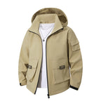 Men's Technical Utility Hooded Jacket with Multiple Flap Pockets and Wind-Resistant Softshell Fashion Glam