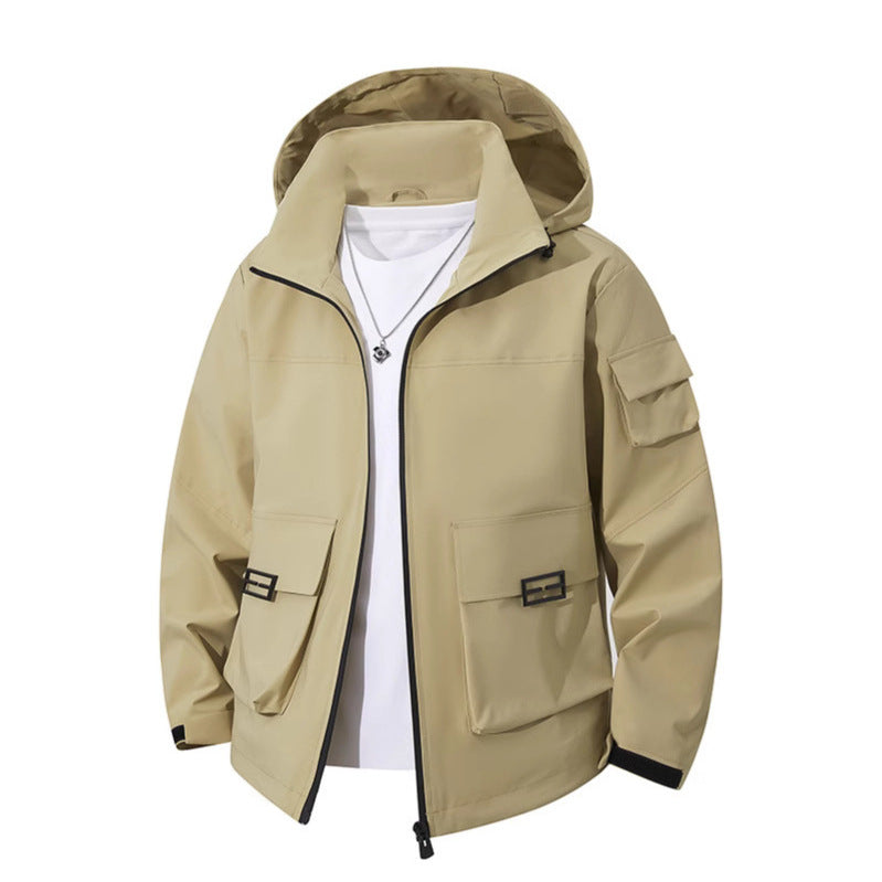 Men's Technical Utility Hooded Jacket with Multiple Flap Pockets and Wind-Resistant Softshell Fashion Glam