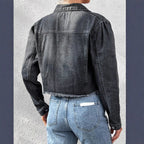 Women's cropped fitted denim jacket with raw fringe hem and flap pockets Fashion Glam