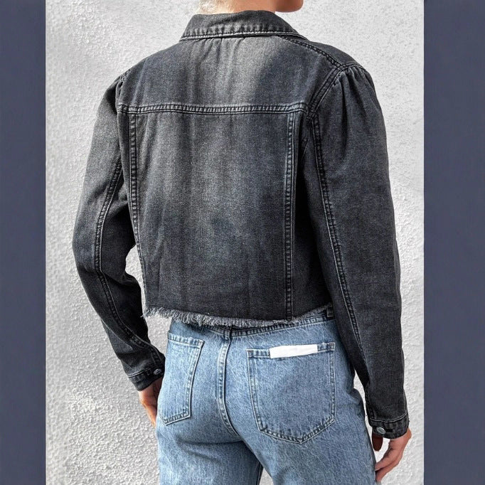 Women's cropped fitted denim jacket with raw fringe hem and flap pockets Fashion Glam