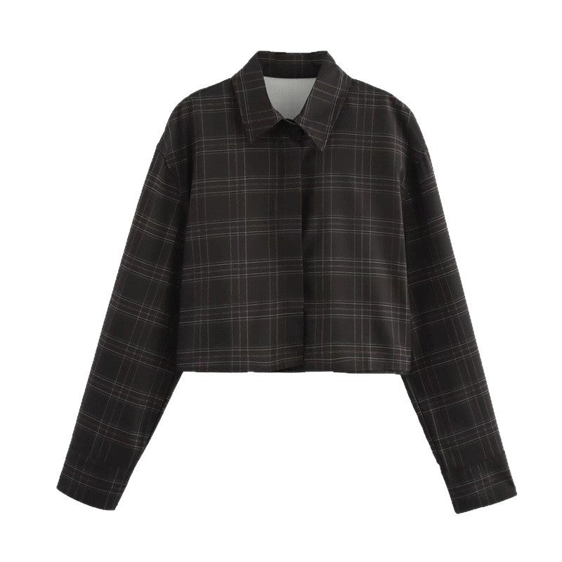 Women's Cropped Boxy Shirt Jacket in Checkered Pattern with Concealed Button Placket Fashion Glam