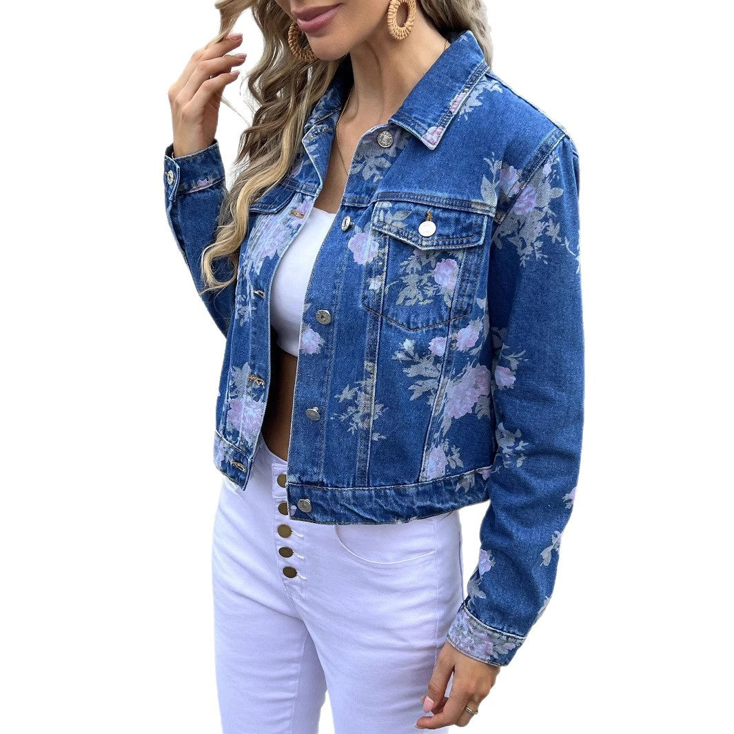 Women's Short-Cut Denim Jacket with Floral Watercolor Print and Flap Pockets Fashion Glam
