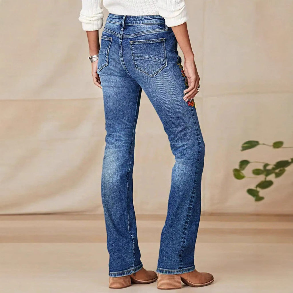 Women's Bootcut Jeans with Side Floral Embroidery and Comfortable Stretch Waistband Fashion Glam