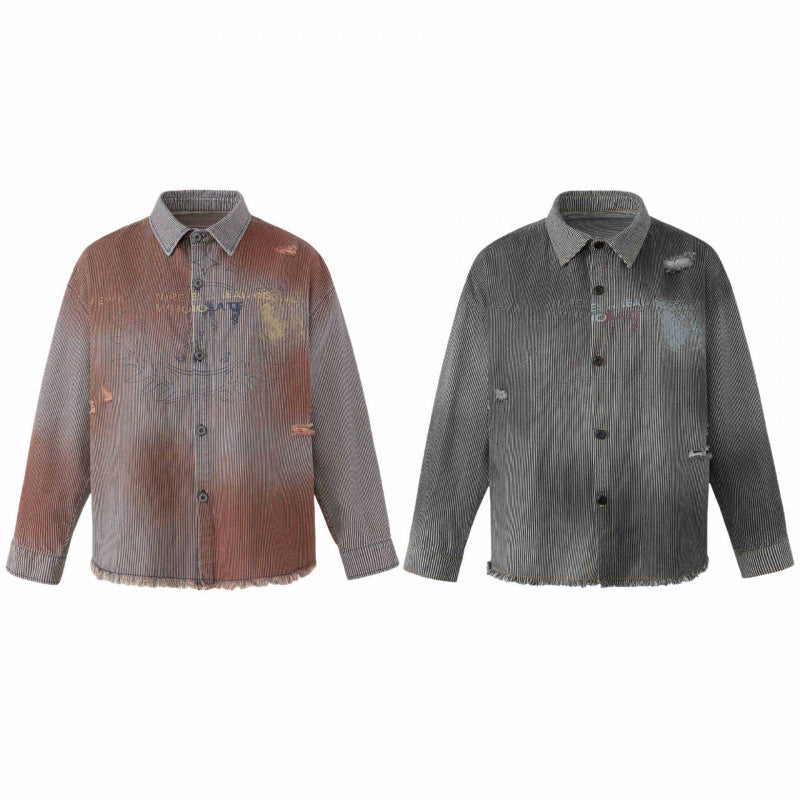 Unisex Boxy Overshirt Jacket made of Fine Cord with Used Effect, Fringes and Button Placket Fashion Glam
