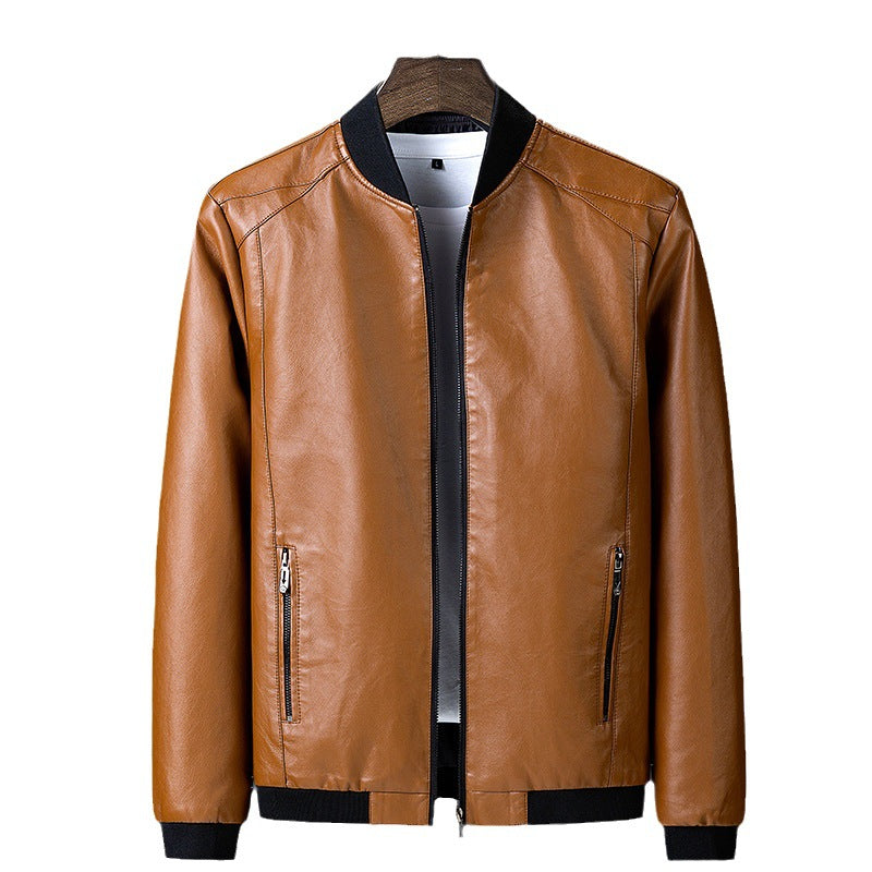 Men's smooth leather look bomber jacket with stand-up collar, zippered pockets, and elastic cuffs Fashion Glam