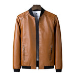 Men's smooth leather look bomber jacket with stand-up collar, zippered pockets, and elastic cuffs Fashion Glam