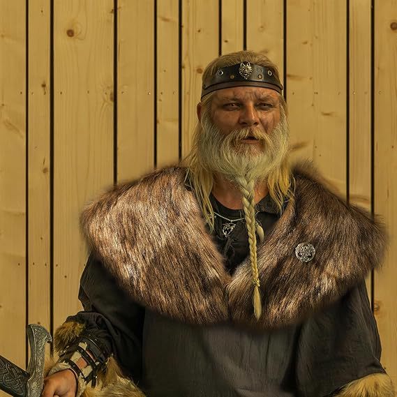 Men's Viking-inspired shoulder cape made of dense faux fur with leather trim and decorative brooch Fashion Glam