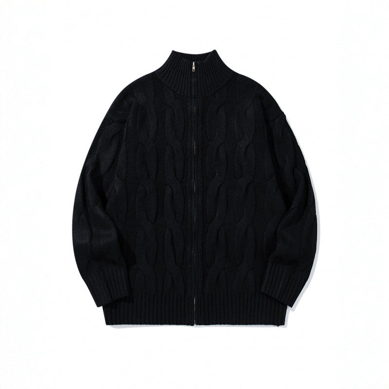 Unisex Chunky Knit Zip-up Cardigan with Cable Pattern and High Ribbed Collar Fashion Glam