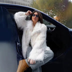 Women's Short Faux Fur Coat with Voluminous Shawl Collar and High Pile Look Fashion Glam