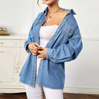 Women's Longline Denim Shirt Jacket Oversized with Flap Pockets Fashion Glam