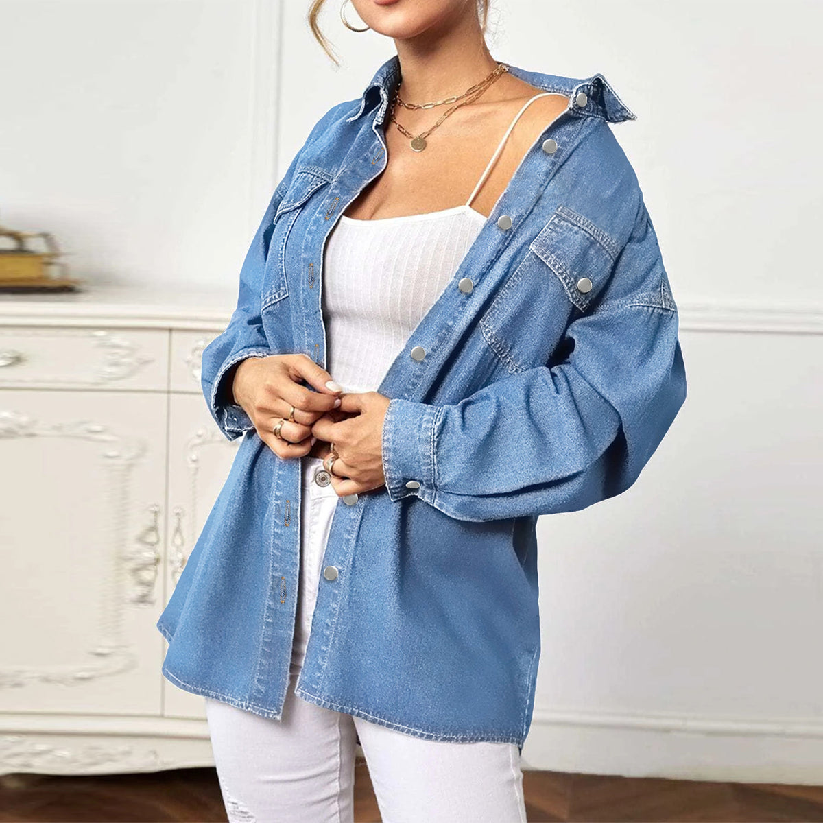 Women's Oversized Denim Jacket with Flap Pockets Fashion Glam