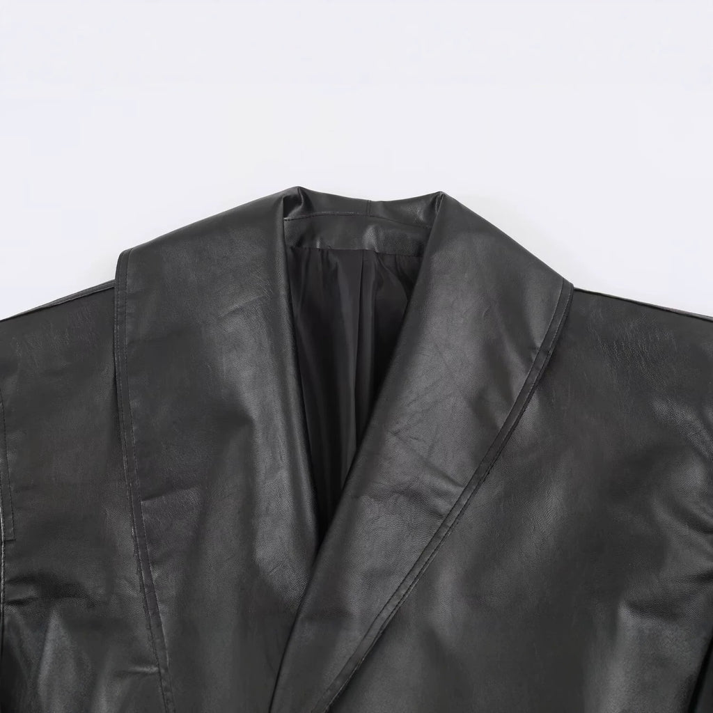 Women Short Oversized Faux Leather Jacket with Wide Shawl Collar and Belt Fashion Glam