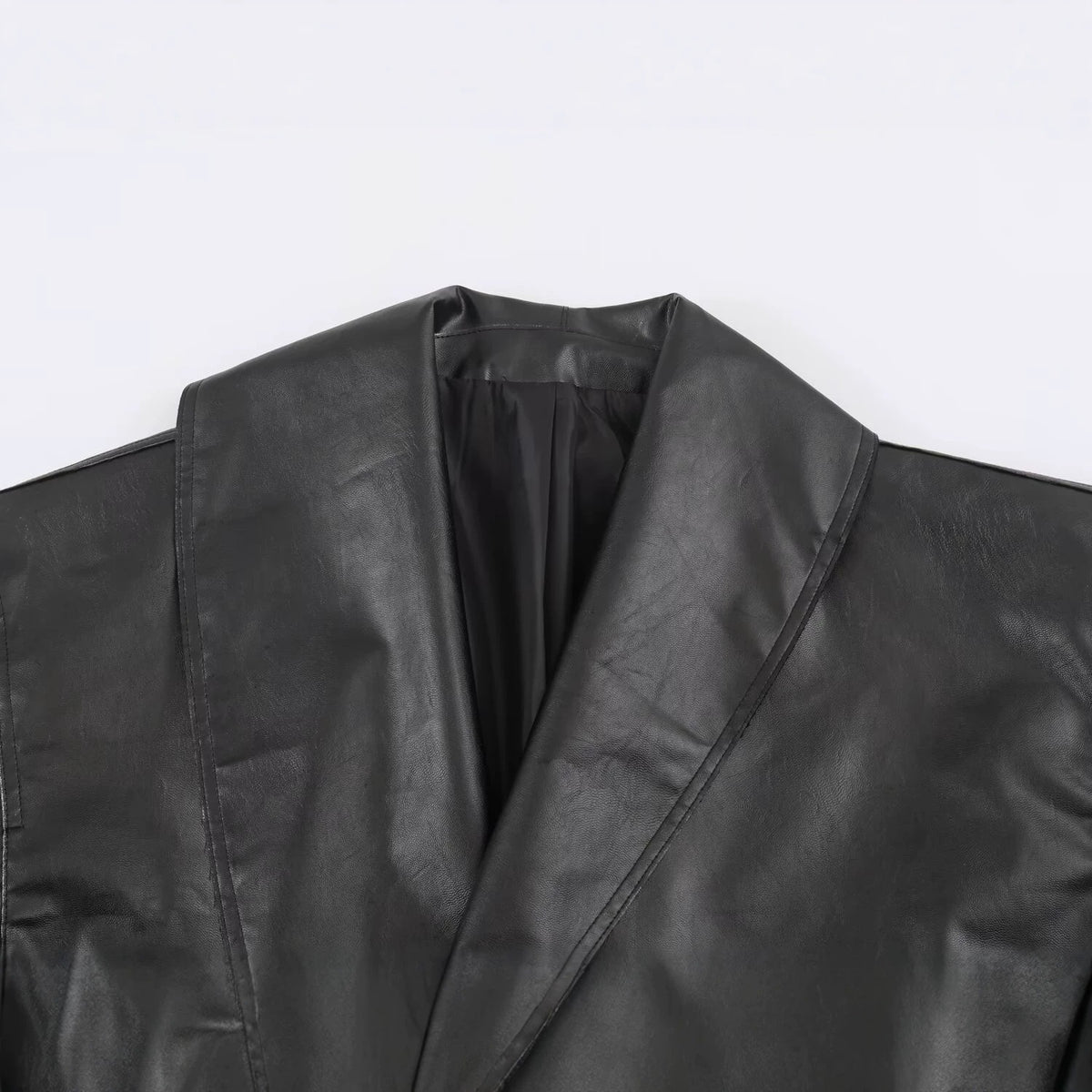 Women Short Oversized Faux Leather Jacket with Wide Shawl Collar and Belt Fashion Glam