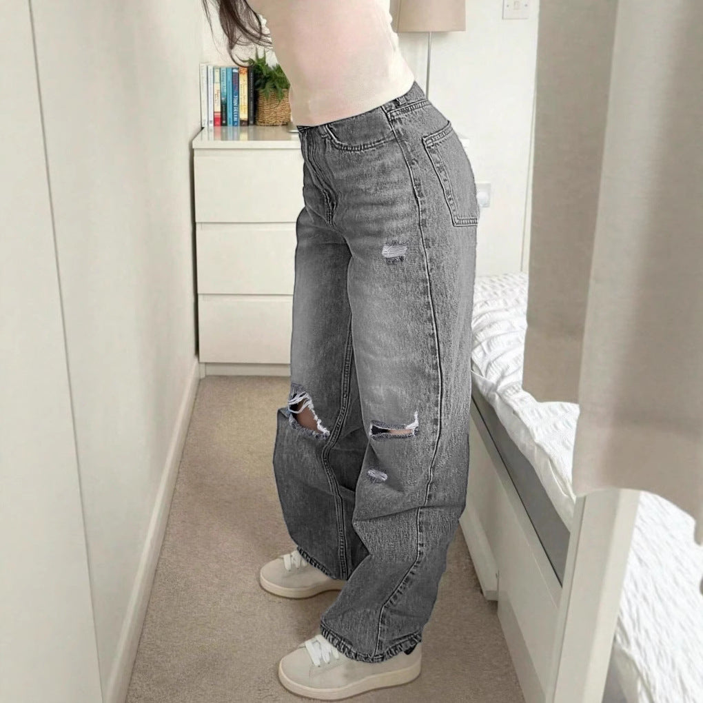 Women's High-Waisted Loose Destroyed Jeans with Straight Leg Fashion Glam