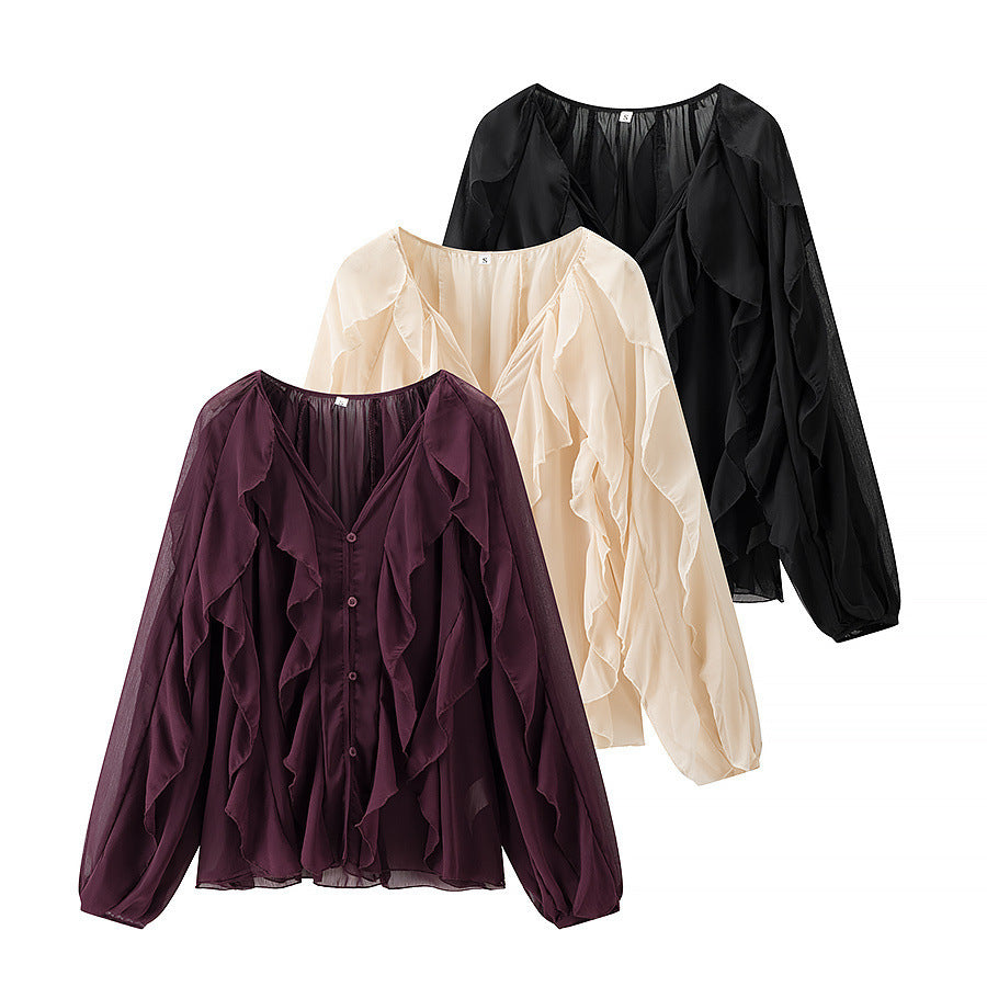 Ladies Voluminous Chiffon Blouse with Layered Ruffles and Button Closure Fashion Glam
