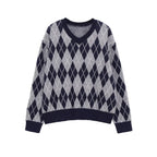 Women's Argyle V-Neck Knitted Sweater with Diamond Pattern Fashion Glam