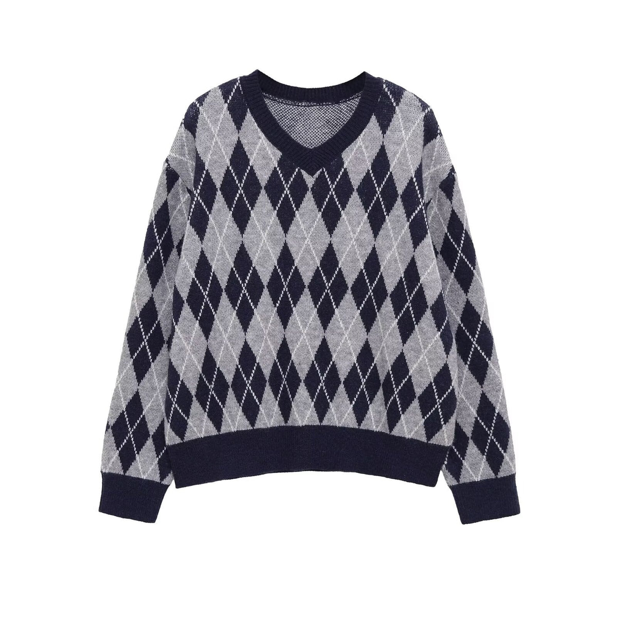 Women's Argyle V-Neck Knitted Sweater with Diamond Pattern Fashion Glam