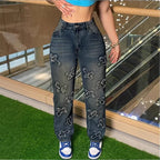 Women's High-Waisted Relaxed Jeans with Allover Bow Applications Fashion Glam