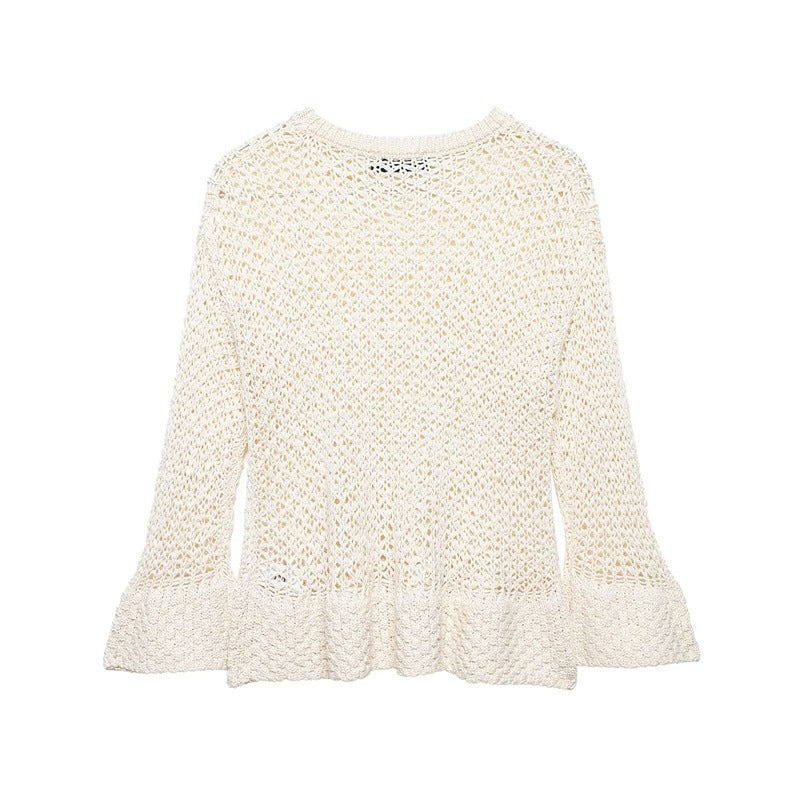 Women's loosely knitted lace pullover with ruffled hem and flared sleeves Fashion Glam