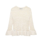 Women's loosely knitted lace pullover with ruffled hem and flared sleeves Fashion Glam