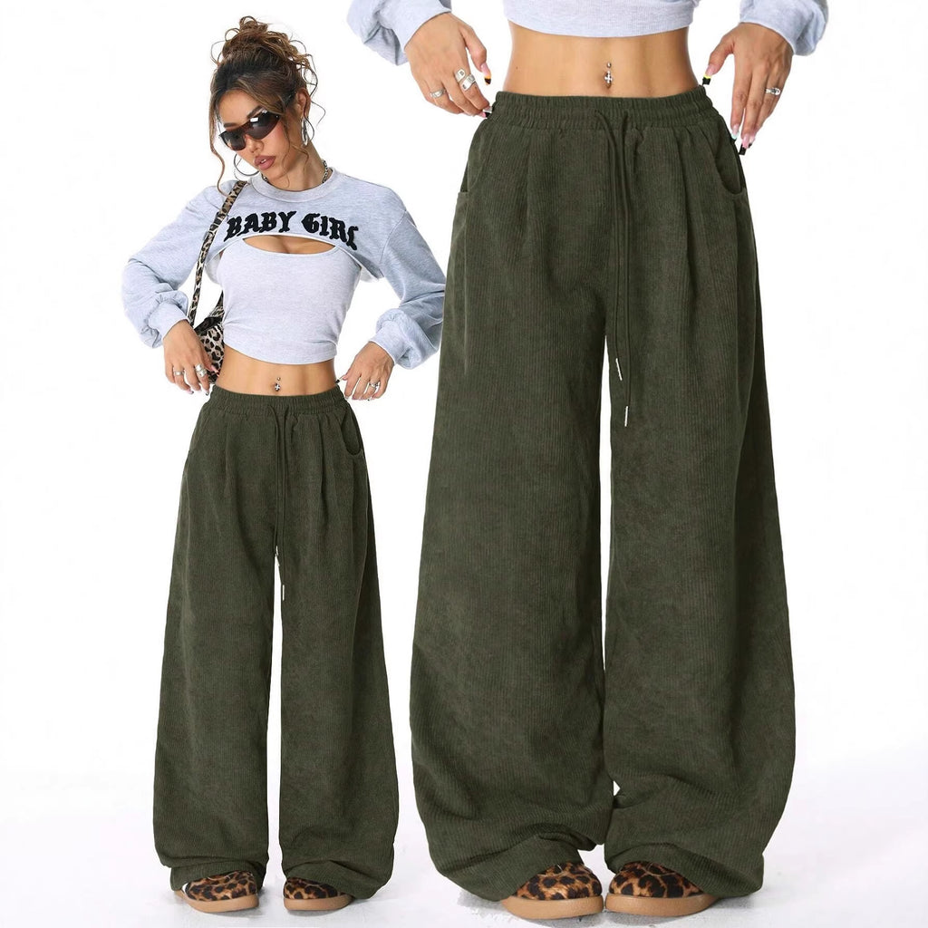 Women's Loose Cord Pants with Elastic Waistband, Drawstring, and Side Pockets Fashion Glam