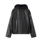 Ladies Oversized Faux Leather Bomber Jacket with Cozy Faux Fur Collar and Applied Flap Pockets Fashion Glam