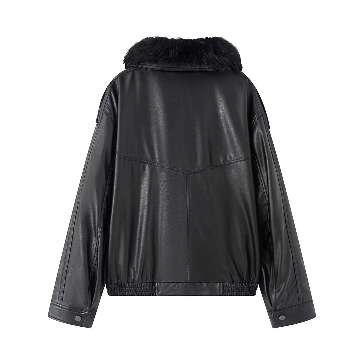Ladies Oversized Faux Leather Bomber Jacket with Cozy Faux Fur Collar and Applied Flap Pockets Fashion Glam