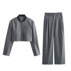 Women Two-Piece Pinstripe Suit Set with Short Stand Collar Blazer and Wide Pleat Pants Fashion Glam