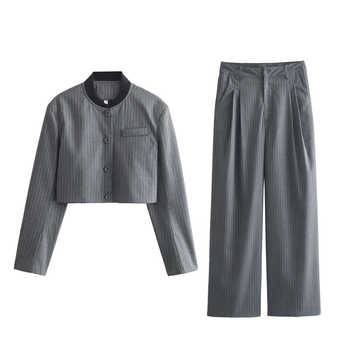 Women Two-Piece Pinstripe Suit Set with Short Stand Collar Blazer and Wide Pleat Pants Fashion Glam