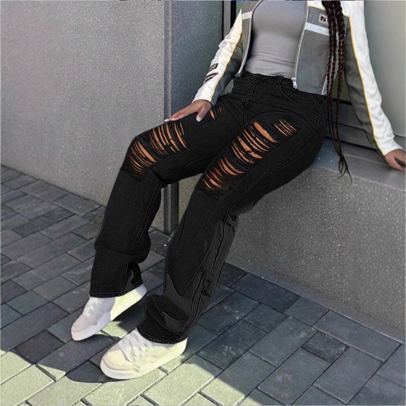 Women's high-cut wide denim jeans with pronounced ripped details and a casual fit Fashion Glam