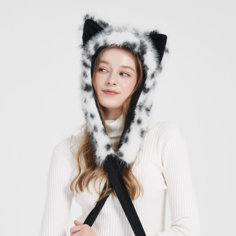 Ladies hooded stole made of luxurious faux fur with long scarf tails and pompom ends Fashion Glam