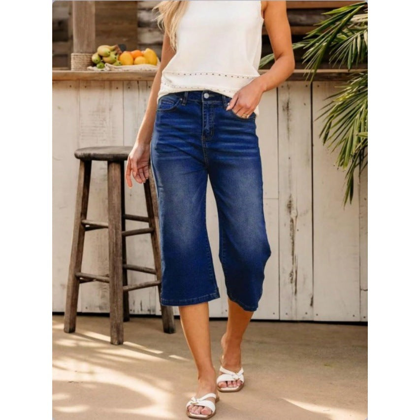 Women High-Waisted Culotte Jeans with Wide Leg and Five-Pocket Design Fashion Glam