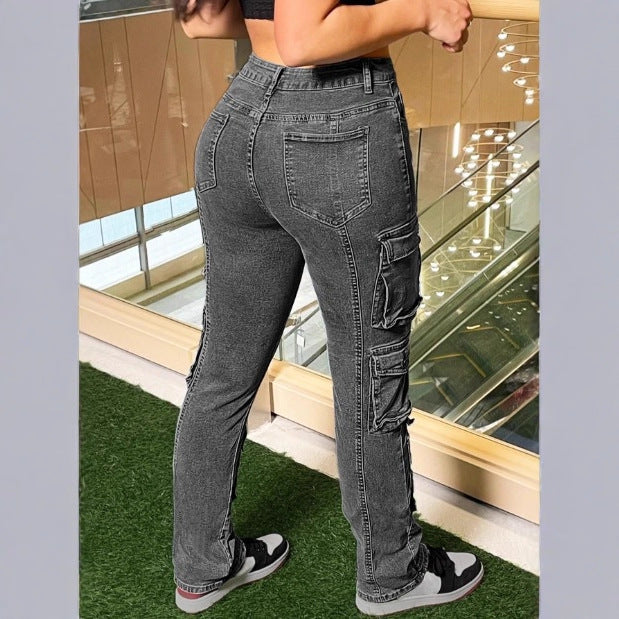 Women’s cargo denim pants with multiple flap pockets, knee panels, and high-waisted fit Fashion Glam