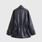Women's Oversized Faux Leather Jacket with Stand Collar, Waist Drawstring and Patch Pockets Fashion Glam