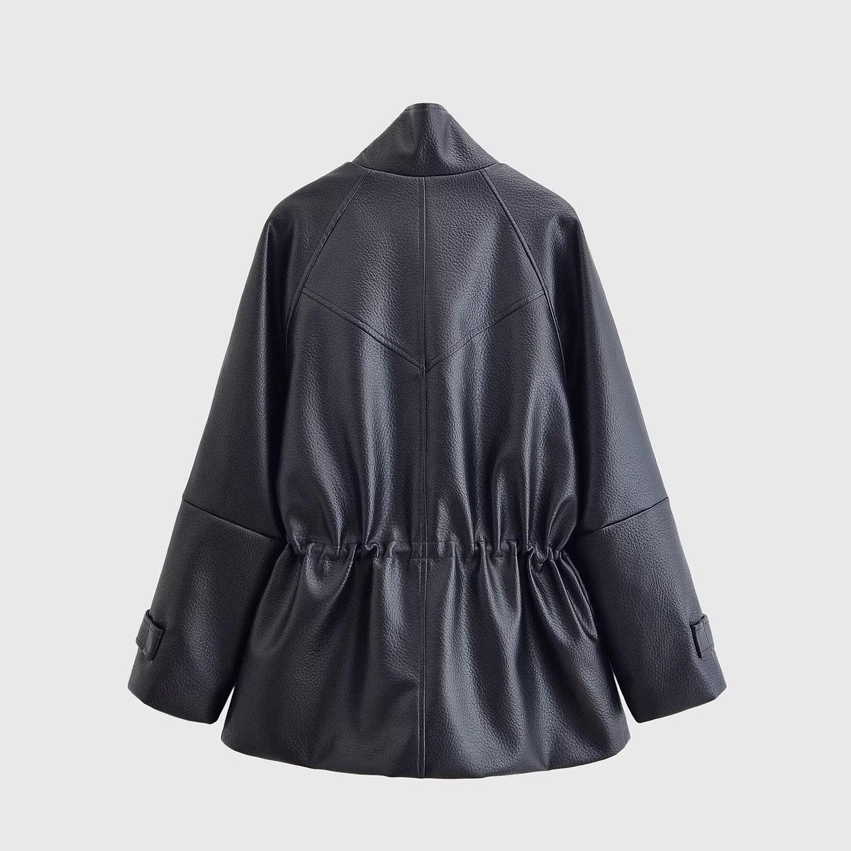 Women's Oversized Faux Leather Jacket with Stand Collar, Waist Drawstring and Patch Pockets Fashion Glam