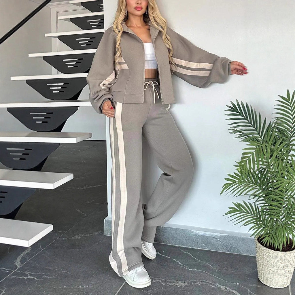 Women Two-Piece Sweat Set with Zipper Jacket and High-Waist Relaxed Jogging Pants Fashion Glam