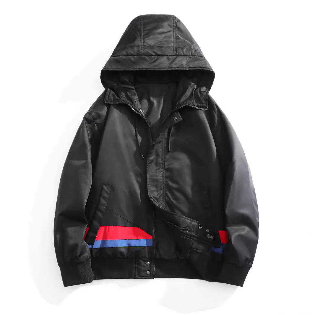Men's hooded bomber jacket in an urban retro look with contrast stripes, wind-resistant exterior, and ribbed cuffs Fashion Glam
